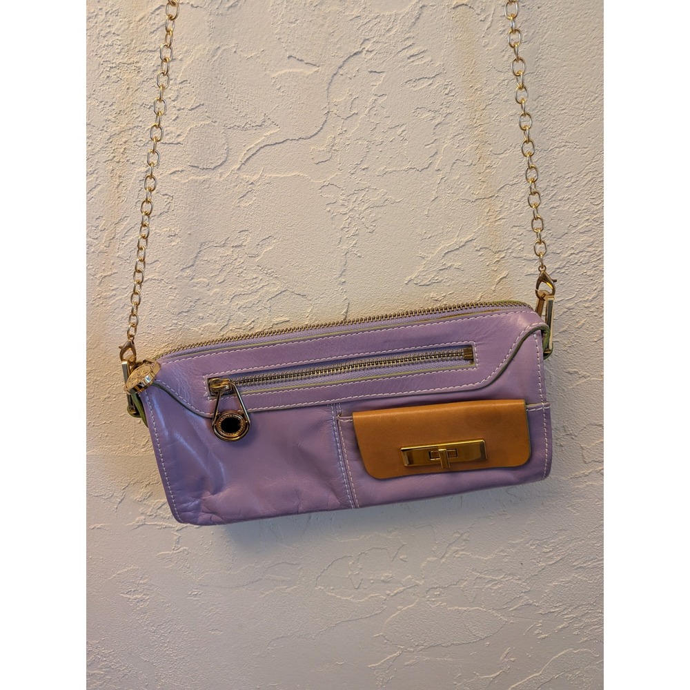 Isaac Mizrahi Live! Purple Leather Crossbody Bag Gold Chain Strap Flap‎ Pocket